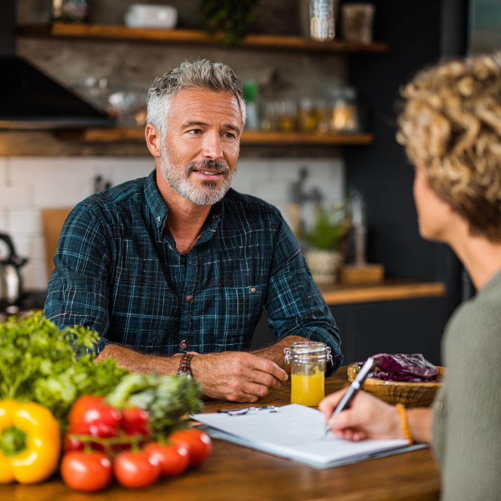 mature man consulting with nutritionist about personalized meal planning