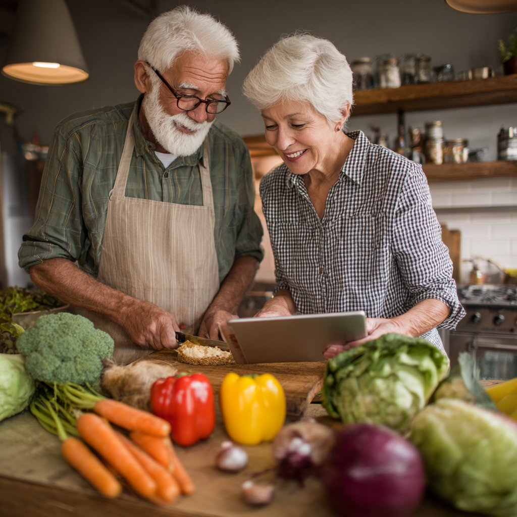 senior couple cooking together healthy meal using meal planning app